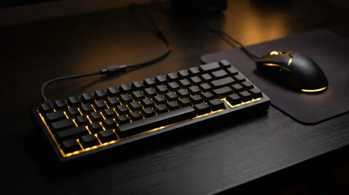 Bàn phím và chuột thi đấu esports phát sáng vàng trên bàn tối