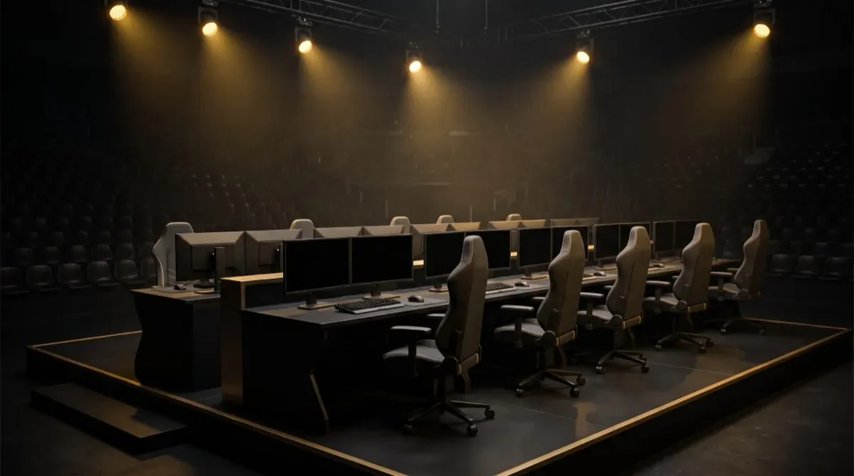 Sân khấu giải đấu esports với dãy ghế thi đấu và đèn vàng